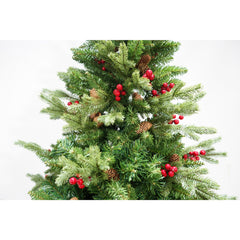 Brad artificial de Craciun bogat, decorat cu conuri pin rosii, inaltime 180 cm,  774 ramuri, Kadeny, verde, suport metalic inclus