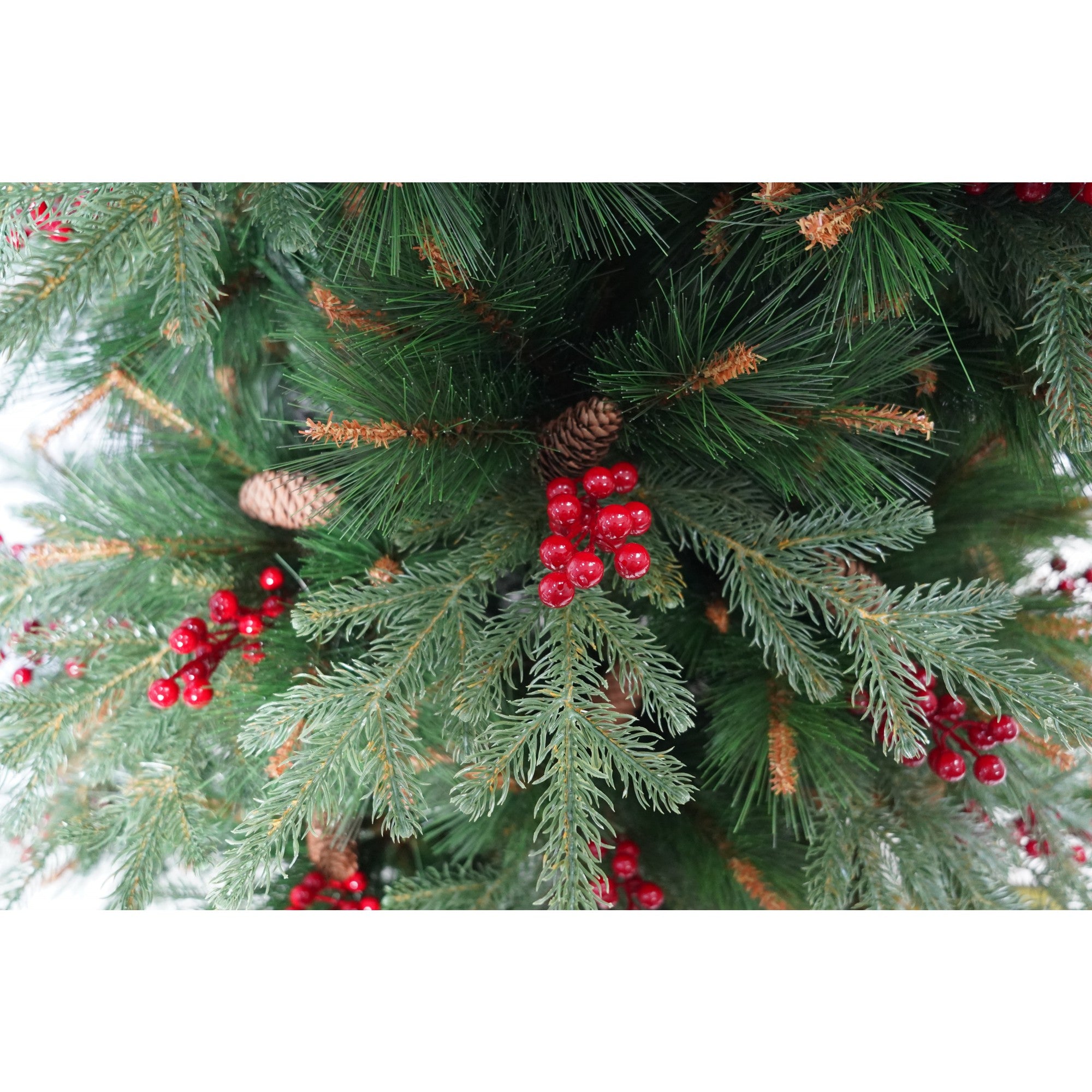 Brad Artificial de Craciun Bogat, Decorat cu Conuri Pin Rosii, pentru Interior/Exterior, Inaltime 120 cm, Kadeny, Verde, suport metalic inclus