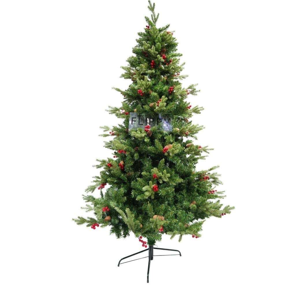 Brad Artificial de Craciun Bogat, Decorat cu Conuri Pin Rosii, pentru Interior/Exterior, Inaltime 120 cm, Kadeny, Verde, suport metalic inclus