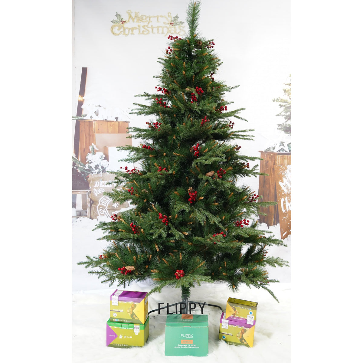 Brad Artificial de Craciun Bogat, Decorat cu Conuri Pin Rosii, pentru Interior/Exterior, Inaltime 120 cm, Kadeny, Verde, suport metalic inclus