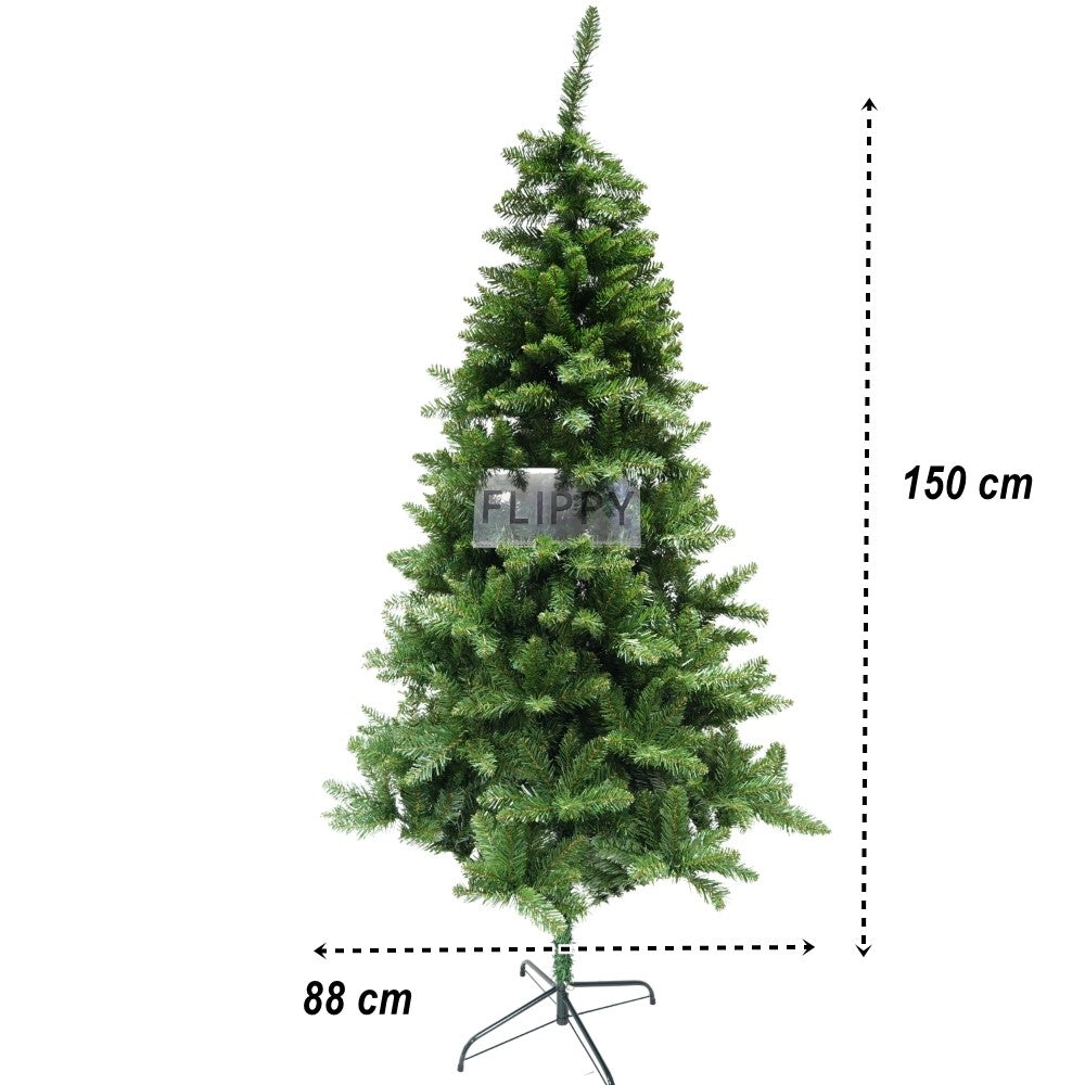 Brad artificial de Craciun, clasic, pentru interior/exterior, inaltime 150 cm, diametru 88 cm, 437 ramuri, Kadeny, verde, suport metalic inclus