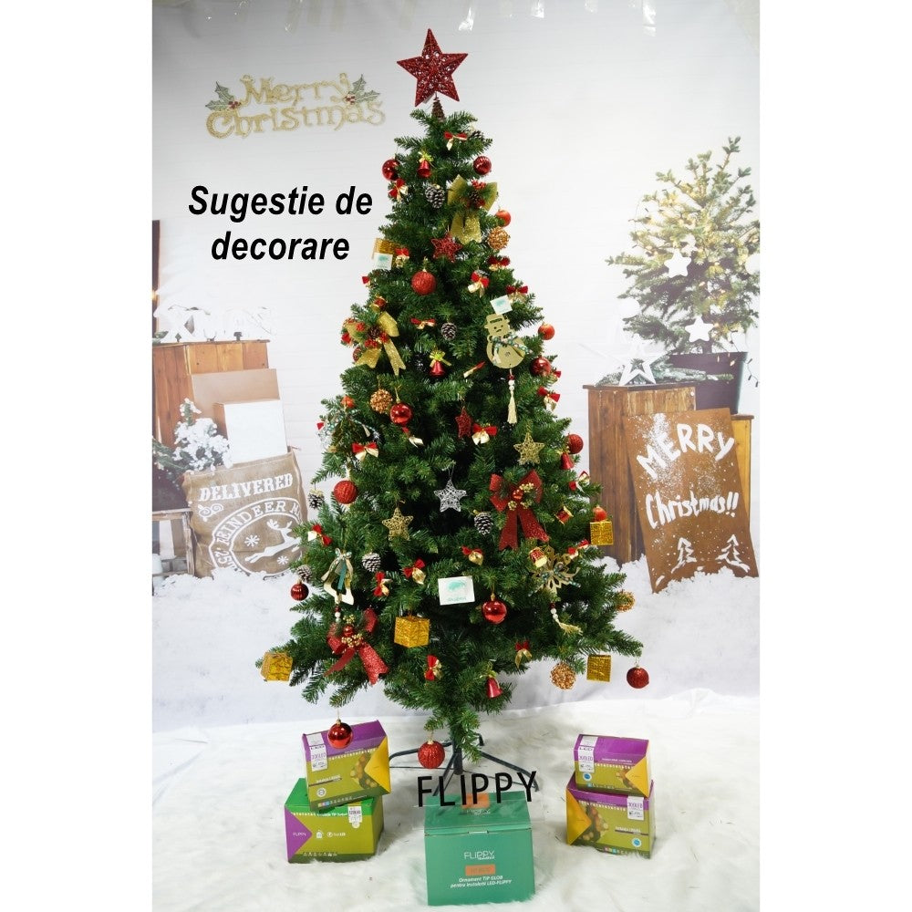 Brad artificial de Craciun, clasic, pentru interior/exterior, inaltime 180 cm, diametru 95 cm, 463 ramuri, Kadeny, verde, suport metalic inclus