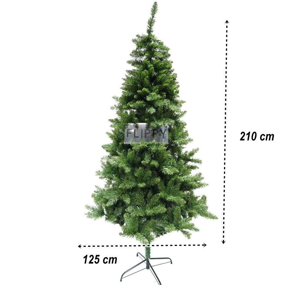 Brad artificial de Craciun, clasic, pentru interior/exterior, inaltime 210 cm, diametru 125 cm, 957 ramuri, Kadeny, verde, suport metalic inclus