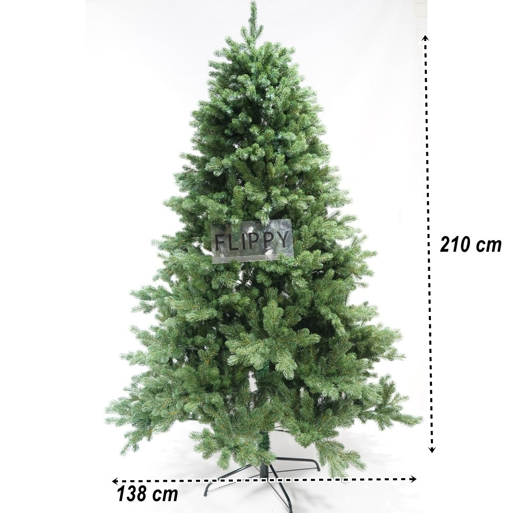 Brad artificial de Craciun, clasic, pentru interior/exterior, inaltime 210 cm, diametru 138 cm, 858 ramuri, Kadeny, verde, suport metalic inclus