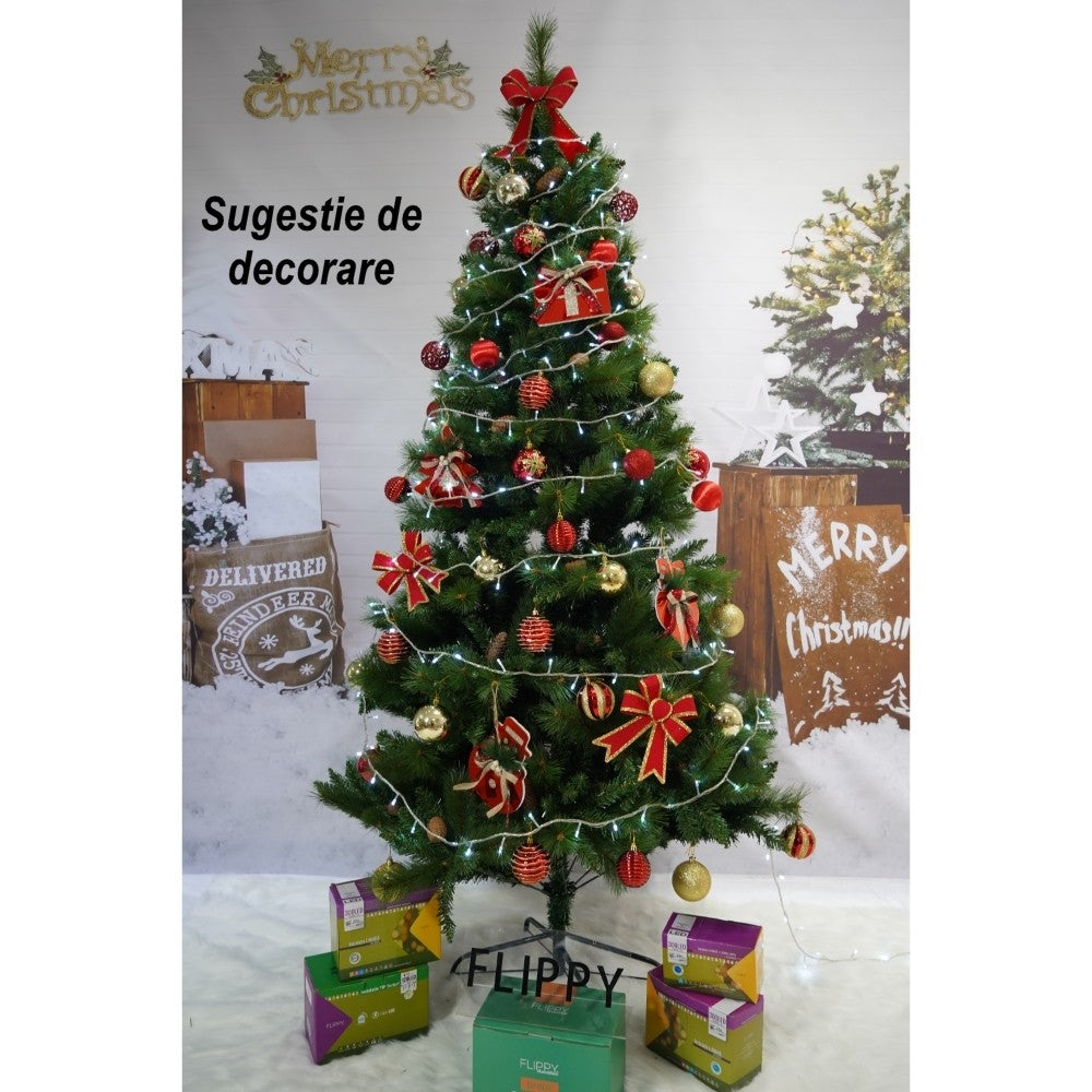 Brad artificial de Craciun, Decorat cu conuri de pin, pentru interior/exterior, inaltime 210 cm, diametru 114 cm, 1057 ramuri, Kadeny, verde, suport metalic inclus