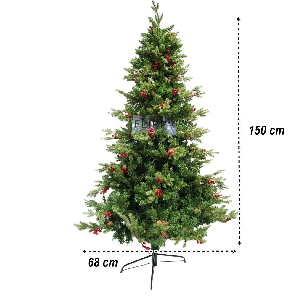 Brad artificial de Craciun, decorat cu conuri pin rosii, inaltime 150 cm, diametru 68 cm, 506 ramuri, Kadeny, verde, suport metalic inclus