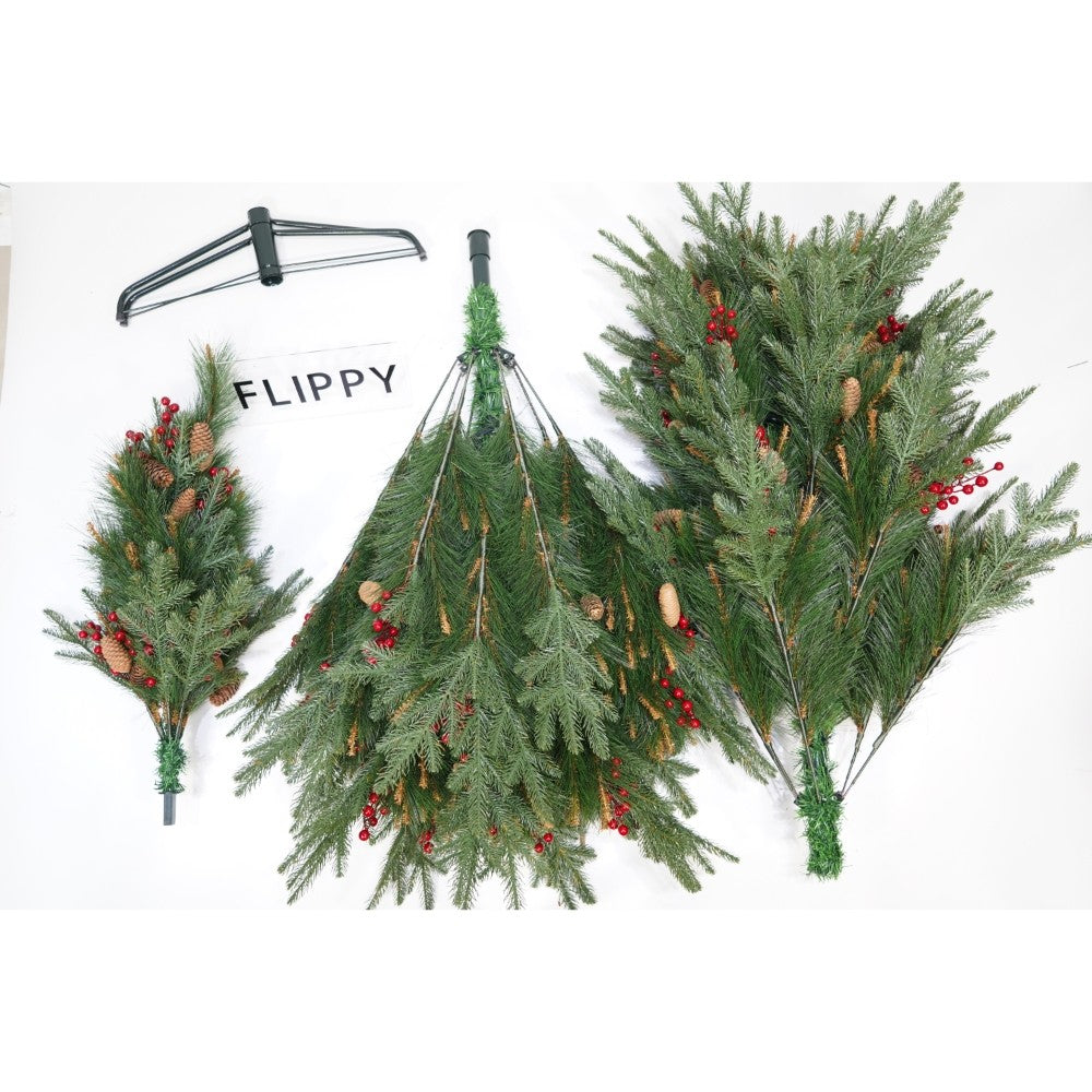 Brad artificial de Craciun Bogat Premium, decorat cu conuri pin rosii, inaltime 180 cm, 414 ramuri, Kadeny, verde, suport metalic inclus