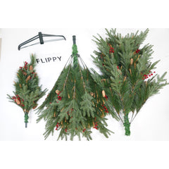 Brad artificial de Craciun Bogat Premium, decorat cu conuri pin rosii, inaltime 180 cm, 414 ramuri, Kadeny, verde, suport metalic inclus