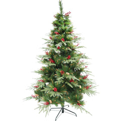 Brad artificial de Craciun Bogat Premium, decorat cu conuri pin rosii, inaltime 180 cm, 414 ramuri, Kadeny, verde, suport metalic inclus