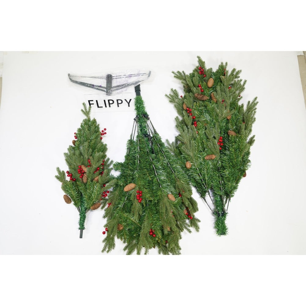 Brad artificial de Craciun, decorat cu conuri pin rosii, inaltime 210 cm, diametru 137 cm, 1172 ramuri, Kadeny, verde, suport metalic inclus