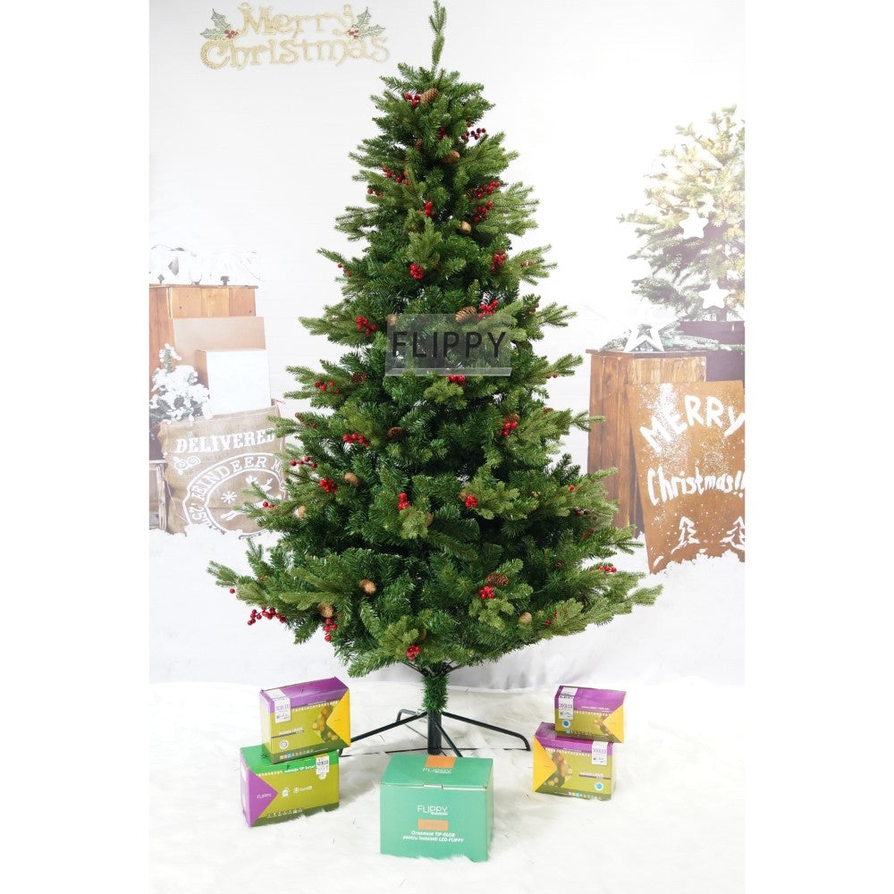 Brad artificial de Craciun Bogat, decorat cu conuri pin rosii, inaltime 240 cm, 1652 ramuri, Kadeny, verde, suport metalic inclus