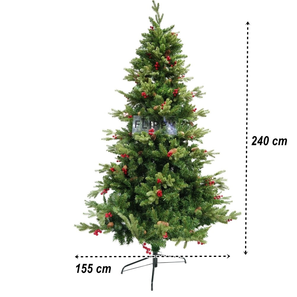 Brad artificial de Craciun Bogat, decorat cu conuri pin rosii, inaltime 240 cm, 1652 ramuri, Kadeny, verde, suport metalic inclus
