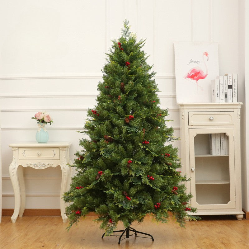 Brad artificial de Craciun Bogat, decorat cu conuri pin rosii, inaltime 240 cm, 1652 ramuri, Kadeny, verde, suport metalic inclus