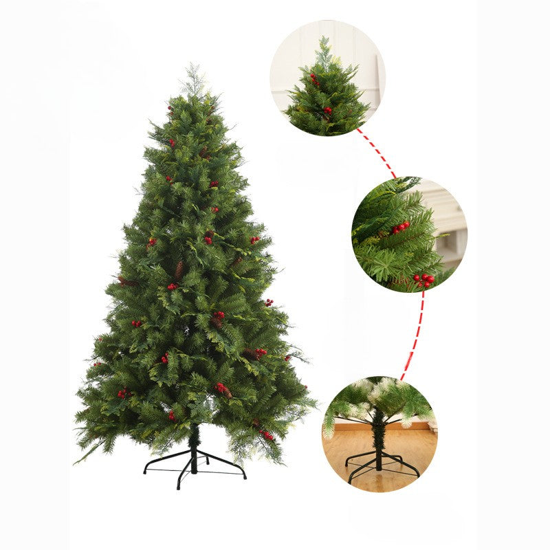 Brad artificial de Craciun Bogat, decorat cu conuri pin rosii, inaltime 240 cm, 1652 ramuri, Kadeny, verde, suport metalic inclus