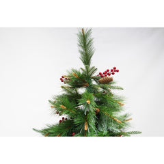 Brad artificial de Craciun, decorat cu conuri pin rosii, pentru interior/exterior, inaltime 150 cm, diametru 104 cm, 323 ramuri, Kadeny, verde, suport metalic inclus