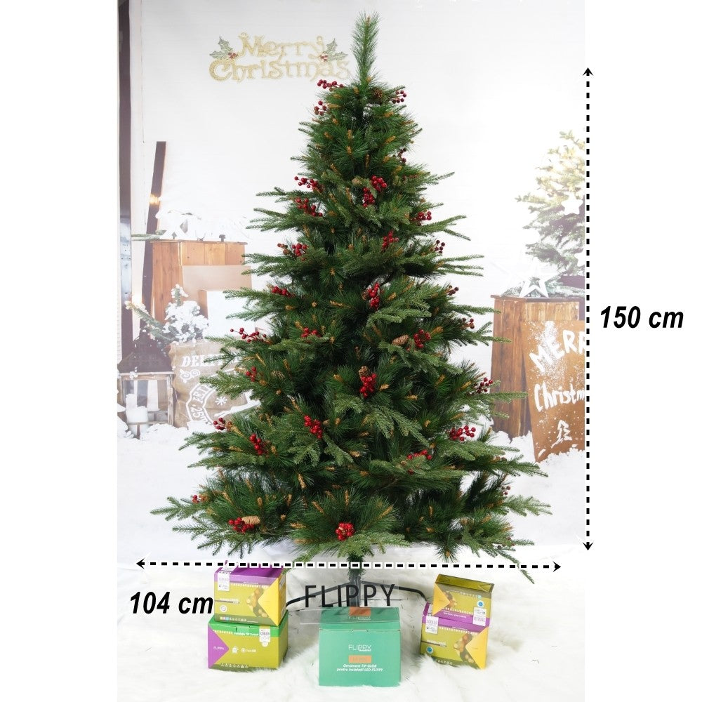 Brad artificial de Craciun, decorat cu conuri pin rosii, pentru interior/exterior, inaltime 150 cm, diametru 104 cm, 323 ramuri, Kadeny, verde, suport metalic inclus