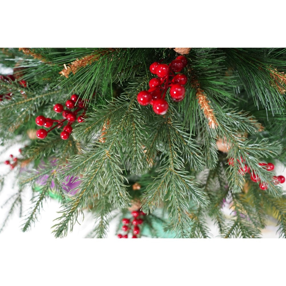 Brad artificial de Craciun, decorat cu conuri pin rosii, pentru interior/exterior, inaltime 150 cm, diametru 104 cm, 323 ramuri, Kadeny, verde, suport metalic inclus