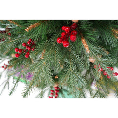 Brad artificial de Craciun, decorat cu conuri pin rosii, pentru interior/exterior, inaltime 150 cm, diametru 104 cm, 323 ramuri, Kadeny, verde, suport metalic inclus