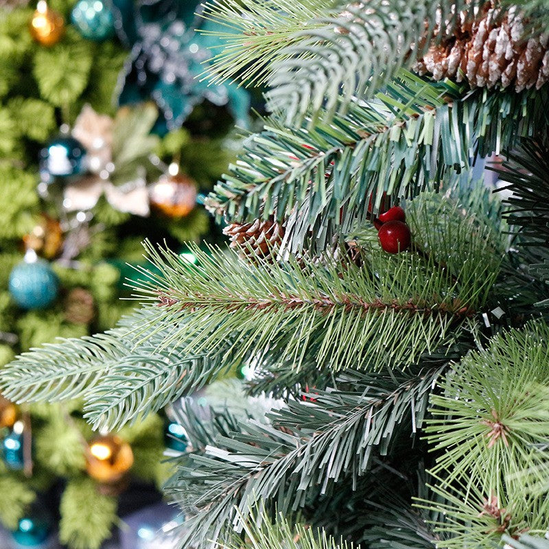 Brad artificial de Craciun, decorat cu conuri pin rosii, pentru interior/exterior, inaltime 150 cm, diametru 104 cm, 323 ramuri, Kadeny, verde, suport metalic inclus