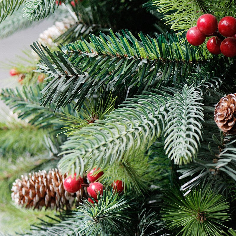 Brad artificial de Craciun, decorat cu conuri pin rosii, pentru interior/exterior, inaltime 150 cm, diametru 104 cm, 323 ramuri, Kadeny, verde, suport metalic inclus