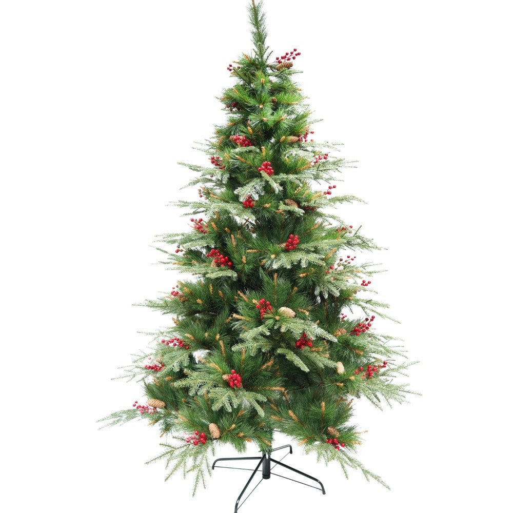 Brad artificial de Craciun, decorat cu conuri pin rosii, pentru interior/exterior, inaltime 150 cm, diametru 104 cm, 323 ramuri, Kadeny, verde, suport metalic inclus