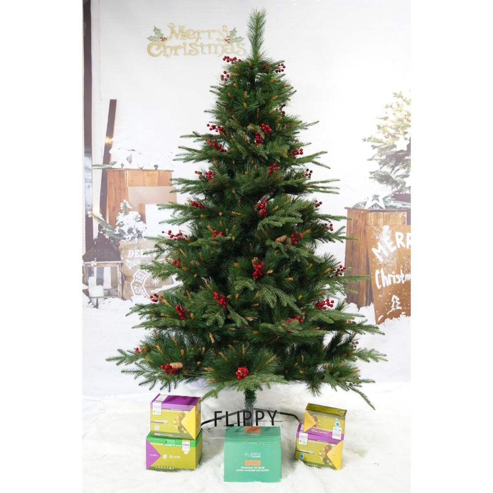 Brad artificial de Craciun, decorat cu conuri pin rosii, pentru interior/exterior, inaltime 210 cm, diametru 142 cm, 767 ramuri, Kadeny, verde, suport metalic inclus