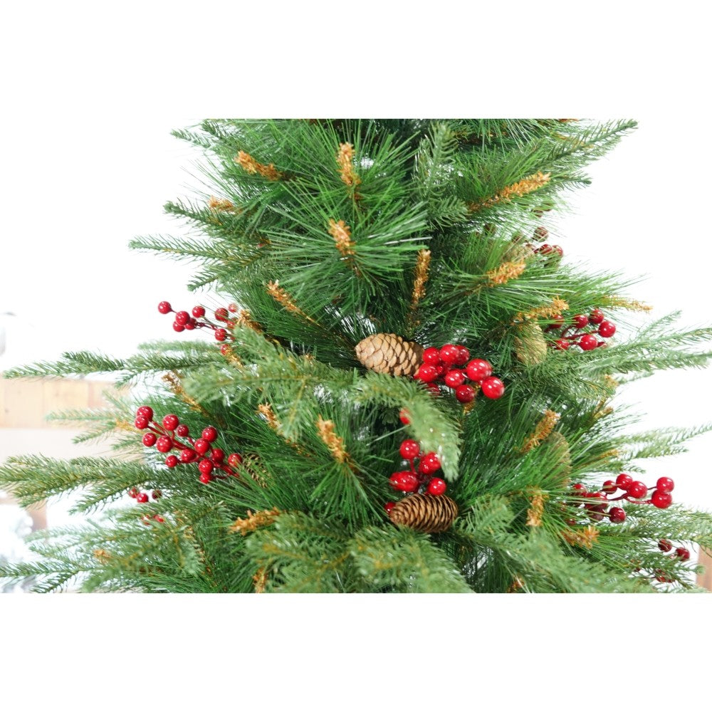 Brad artificial de Craciun, decorat cu conuri pin rosii, pentru interior/exterior, inaltime 210 cm, diametru 142 cm, 767 ramuri, Kadeny, verde, suport metalic inclus