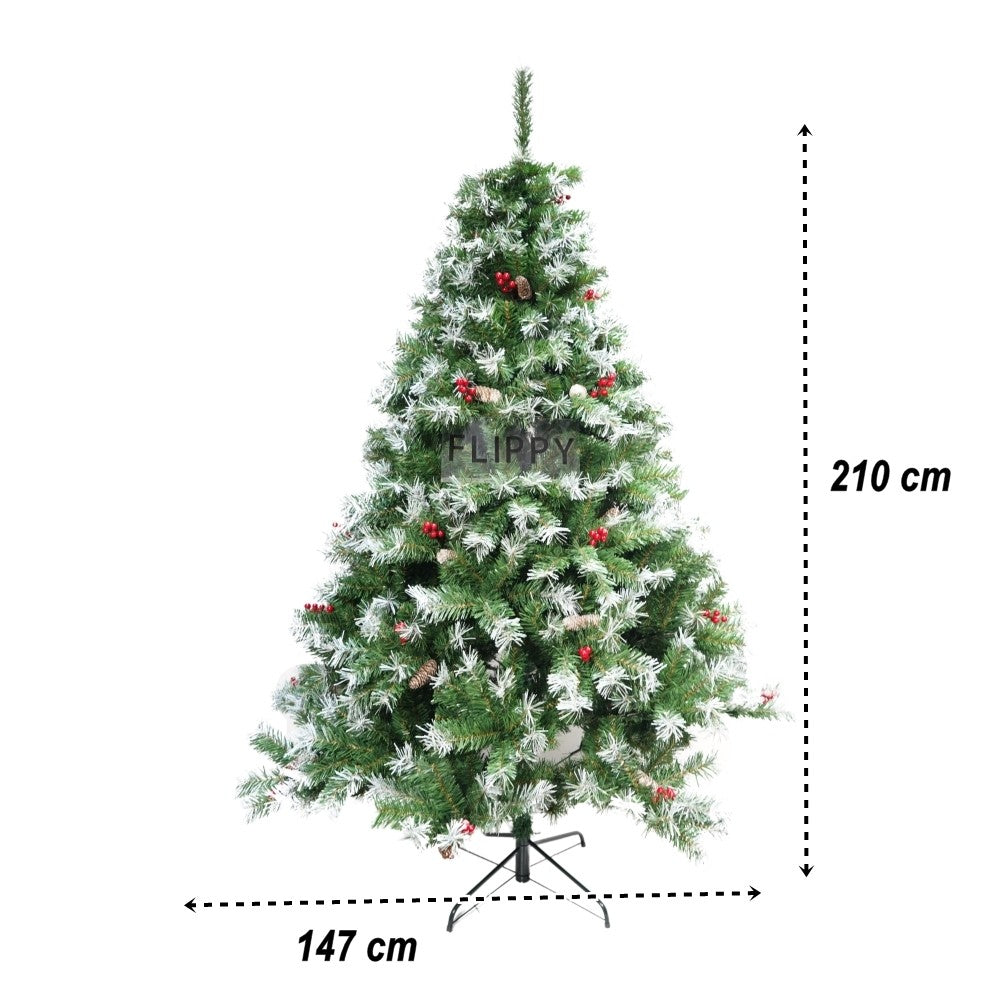 Brad artificial de Craciun nins, decorat cu conuri pin, pentru interior/exterior, inaltime 210 cm, diametru 147 cm, 1150 ramuri, Kadeny, verde, suport metalic inclus