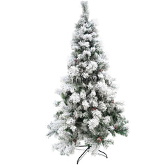 Brad artificial de Craciun nins, decorat cu conuri pin, pentru interior/exterior, inaltime 210 cm, diametru 131 cm, 630 ramuri, Kadeny, alb/verde, suport metalic inclus