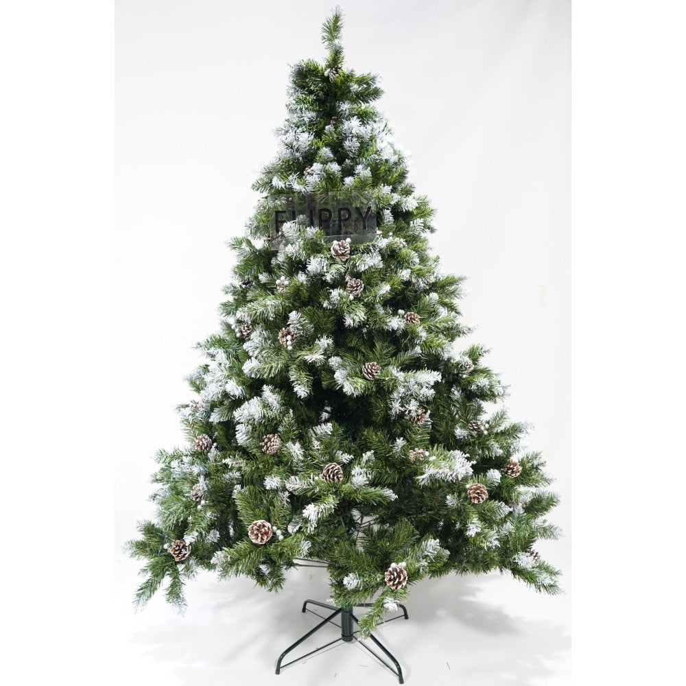 Brad artificial de Craciun nins, decorat cu conuri pin, pentru perete/colt, inaltime 180 cm, 862 ramuri, Kadeny, verde, suport metalic inclus