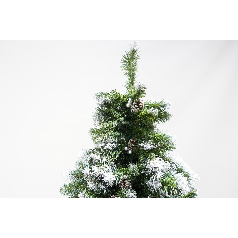 Brad artificial de Craciun nins, decorat cu conuri pin, pentru perete/colt, inaltime 180 cm, 862 ramuri, Kadeny, verde, suport metalic inclus