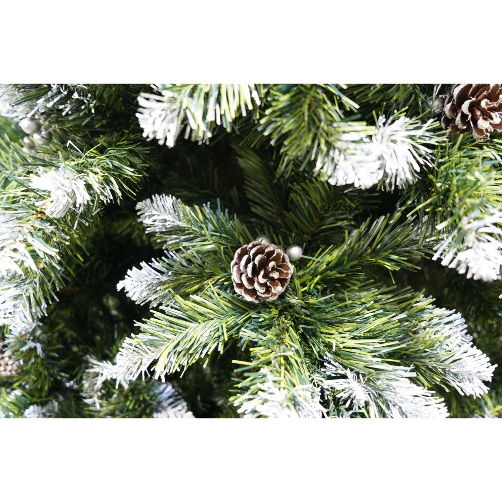 Brad artificial de Craciun nins, decorat cu conuri pin, pentru perete/colt, inaltime 180 cm, 862 ramuri, Kadeny, verde, suport metalic inclus