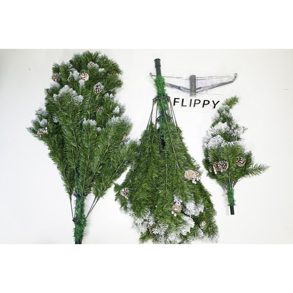 Brad artificial de Craciun nins, decorat cu conuri pin, pentru perete/colt, inaltime 210 cm, diametru 149 cm, 1224 ramuri, Kadeny, verde, suport metalic inclus