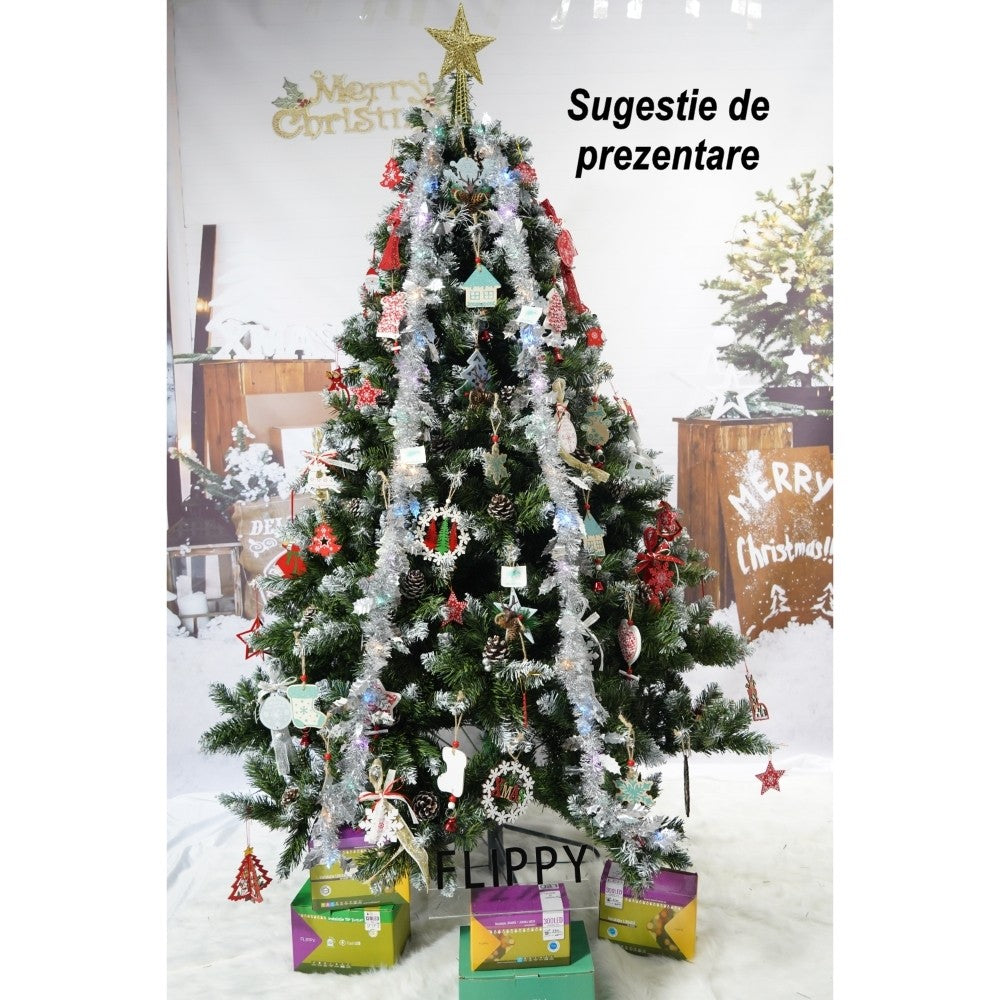 Brad artificial de Craciun nins, decorat cu conuri pin, pentru perete/colt, inaltime 210 cm, diametru 149 cm, 1224 ramuri, Kadeny, verde, suport metalic inclus