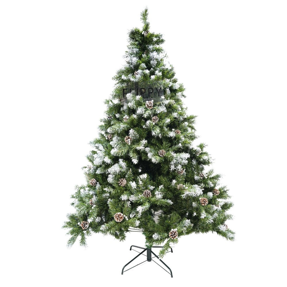 Brad artificial de Craciun nins, decorat cu conuri pin, pentru perete/colt, inaltime 210 cm, diametru 149 cm, 1224 ramuri, Kadeny, verde, suport metalic inclus