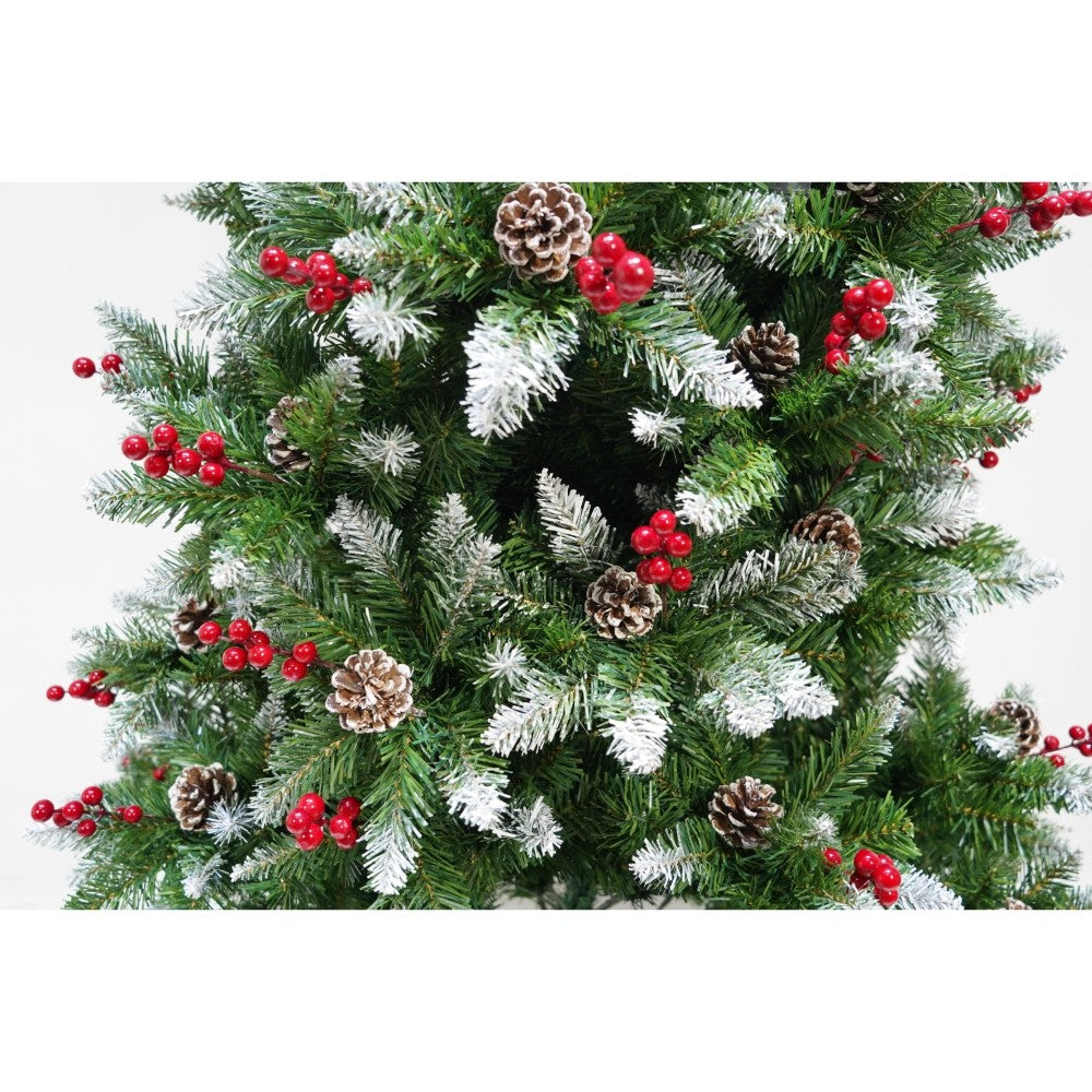 Brad artificial de Craciun nins, decorat cu conuri pin rosii, inaltime 150 cm, diametru 83 cm, 319 ramuri, Kadeny, verde, suport metalic inclus