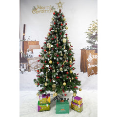 Brad artificial de Craciun nins, decorat cu conuri pin rosii, inaltime 150 cm, diametru 83 cm, 319 ramuri, Kadeny, verde, suport metalic inclus