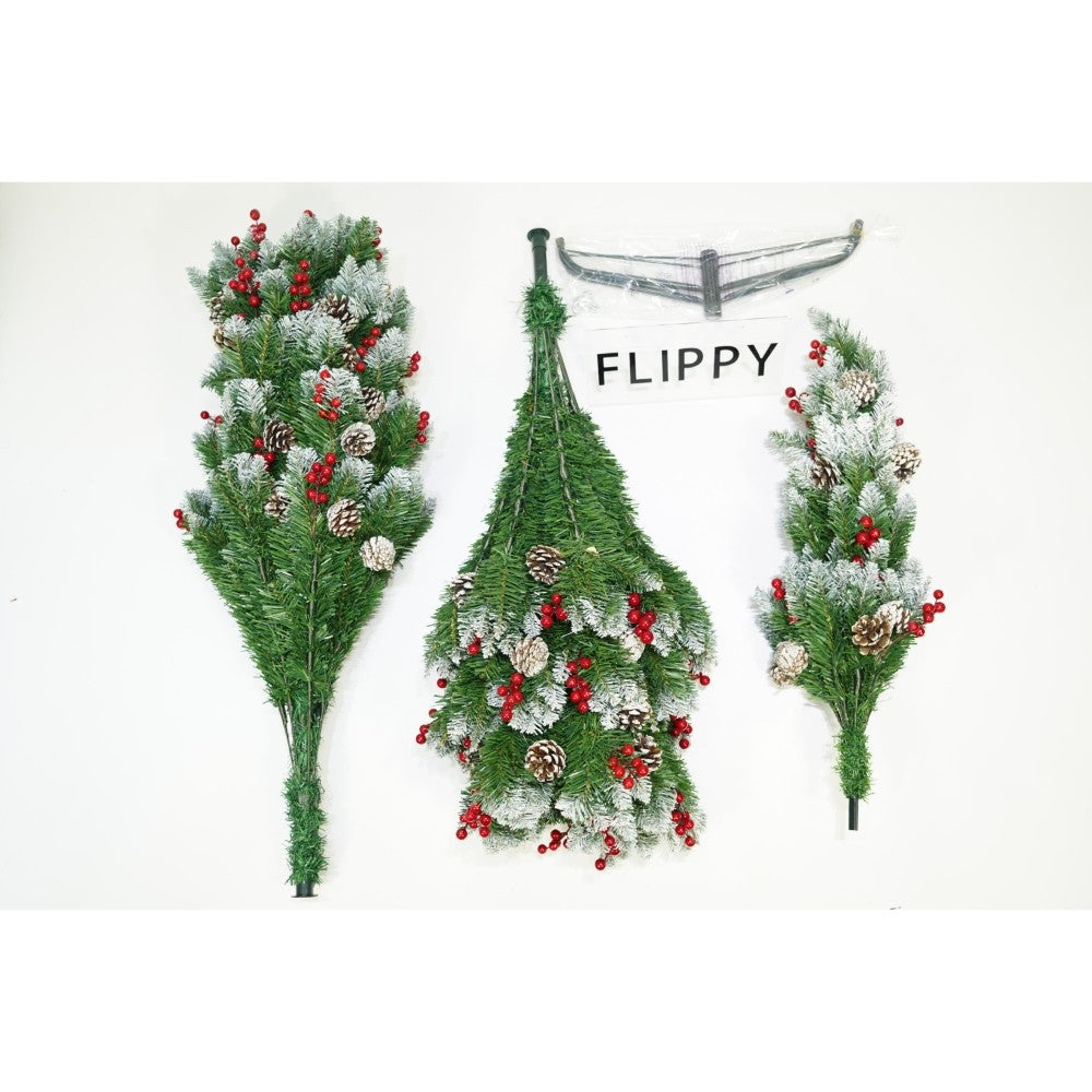 Brad artificial de Craciun nins, decorat cu conuri pin rosii, inaltime 180 cm, diametru 95 cm, 319 ramuri, Kadeny, verde, suport metalic inclus