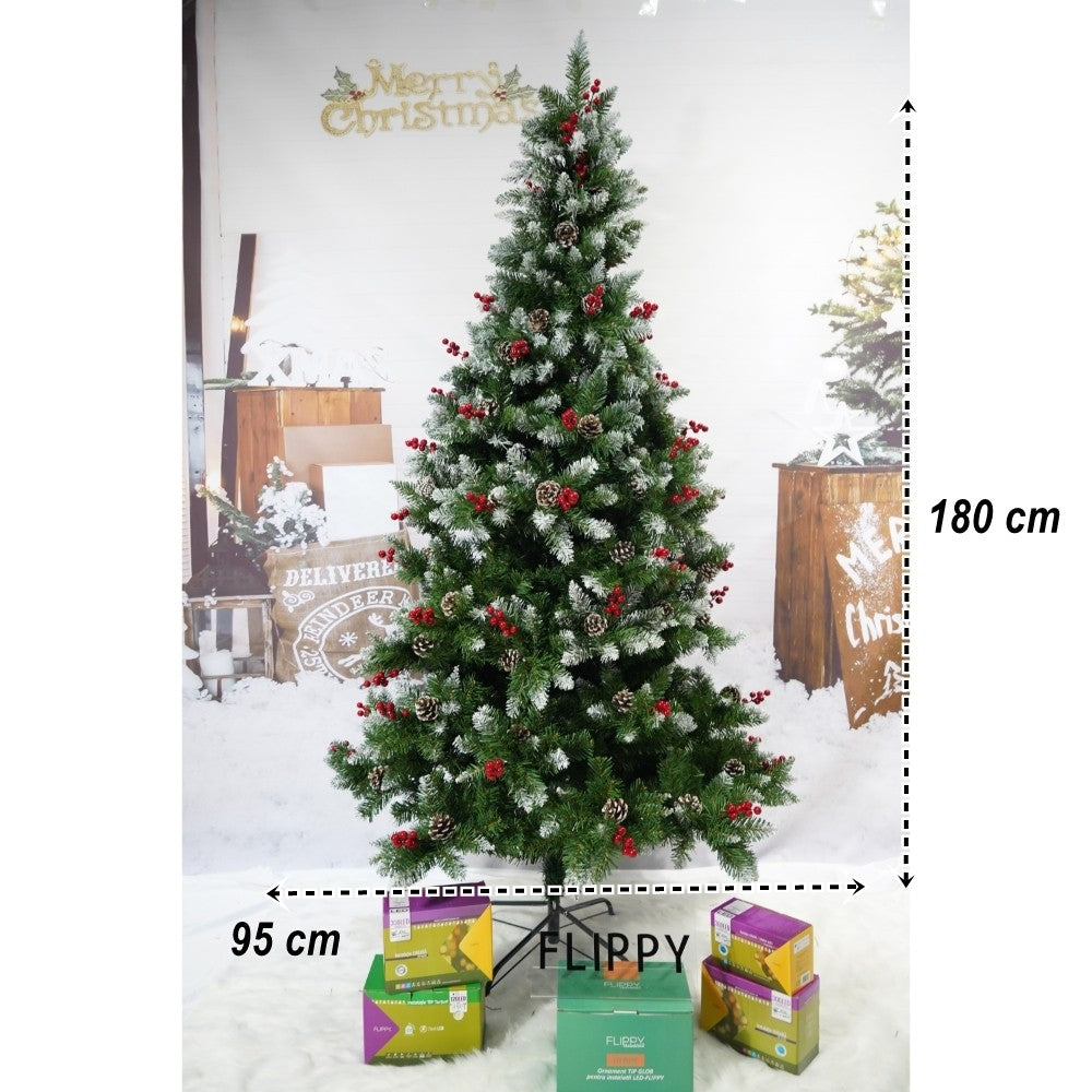 Brad artificial de Craciun nins, decorat cu conuri pin rosii, inaltime 180 cm, diametru 95 cm, 319 ramuri, Kadeny, verde, suport metalic inclus