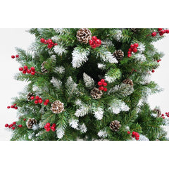 Brad artificial de Craciun nins, decorat cu conuri pin rosii, inaltime 210 cm, diametru 106 cm, 643 ramuri, Kadeny, verde, suport metalic inclus