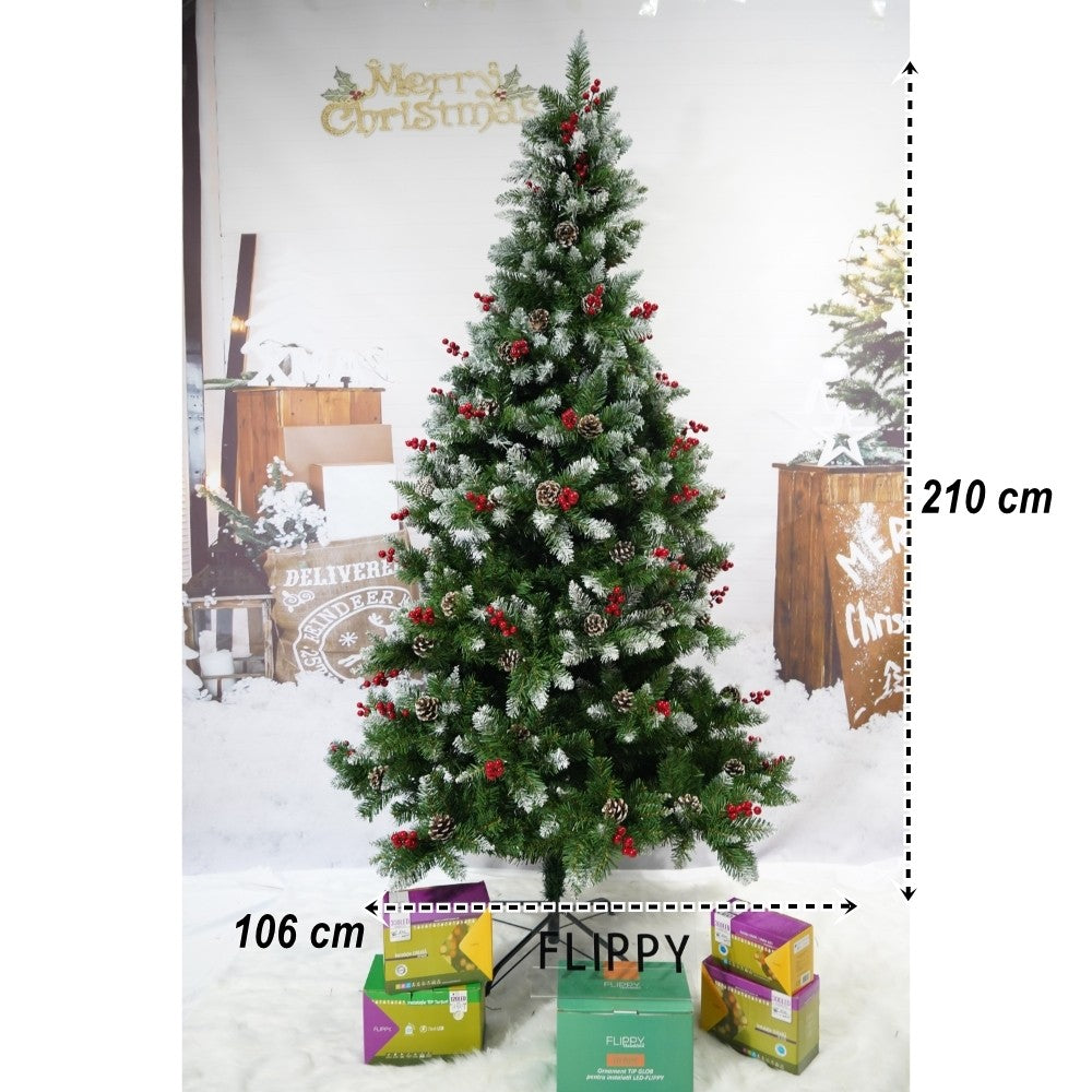 Brad artificial de Craciun nins, decorat cu conuri pin rosii, inaltime 210 cm, diametru 106 cm, 643 ramuri, Kadeny, verde, suport metalic inclus