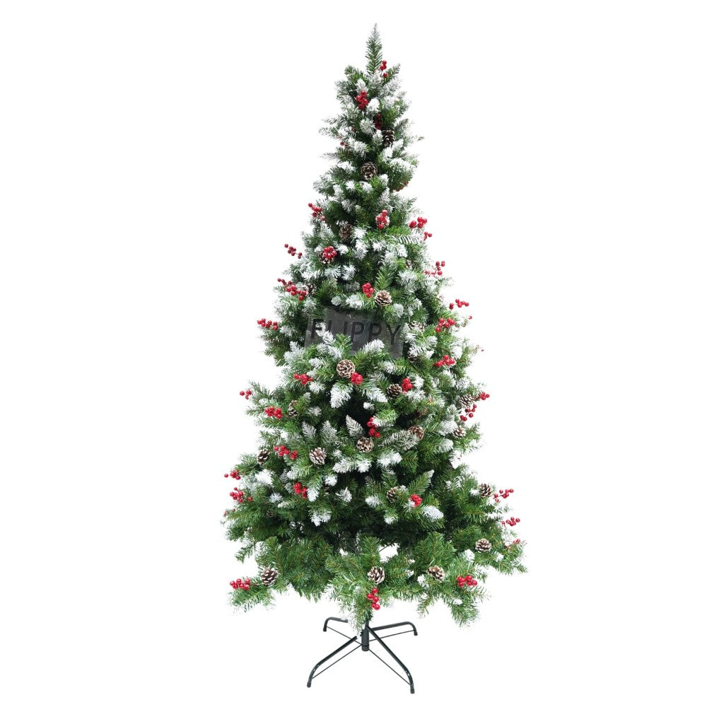 Brad artificial de Craciun nins, decorat cu conuri pin rosii, inaltime 210 cm, diametru 106 cm, 643 ramuri, Kadeny, verde, suport metalic inclus