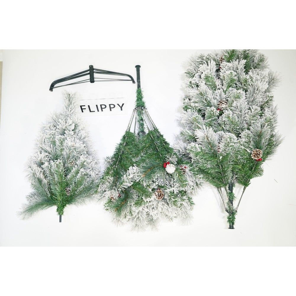 Brad artificial de Craciun nins intens, decorat cu conuri pin, pentru interior/exterior, inaltime 180 cm, diametru 120 cm, 502 ramuri, Kadeny, alb/verde, suport metalic inclus