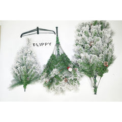 Brad artificial de Craciun nins intens, decorat cu conuri pin, pentru interior/exterior, inaltime 180 cm, diametru 120 cm, 502 ramuri, Kadeny, alb/verde, suport metalic inclus