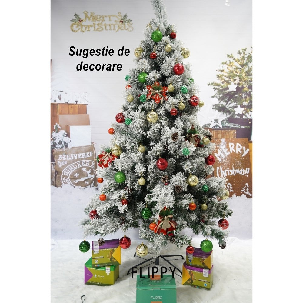 Brad artificial de Craciun nins intens, decorat cu conuri pin, pentru interior/exterior, inaltime 180 cm, diametru 120 cm, 502 ramuri, Kadeny, alb/verde, suport metalic inclus