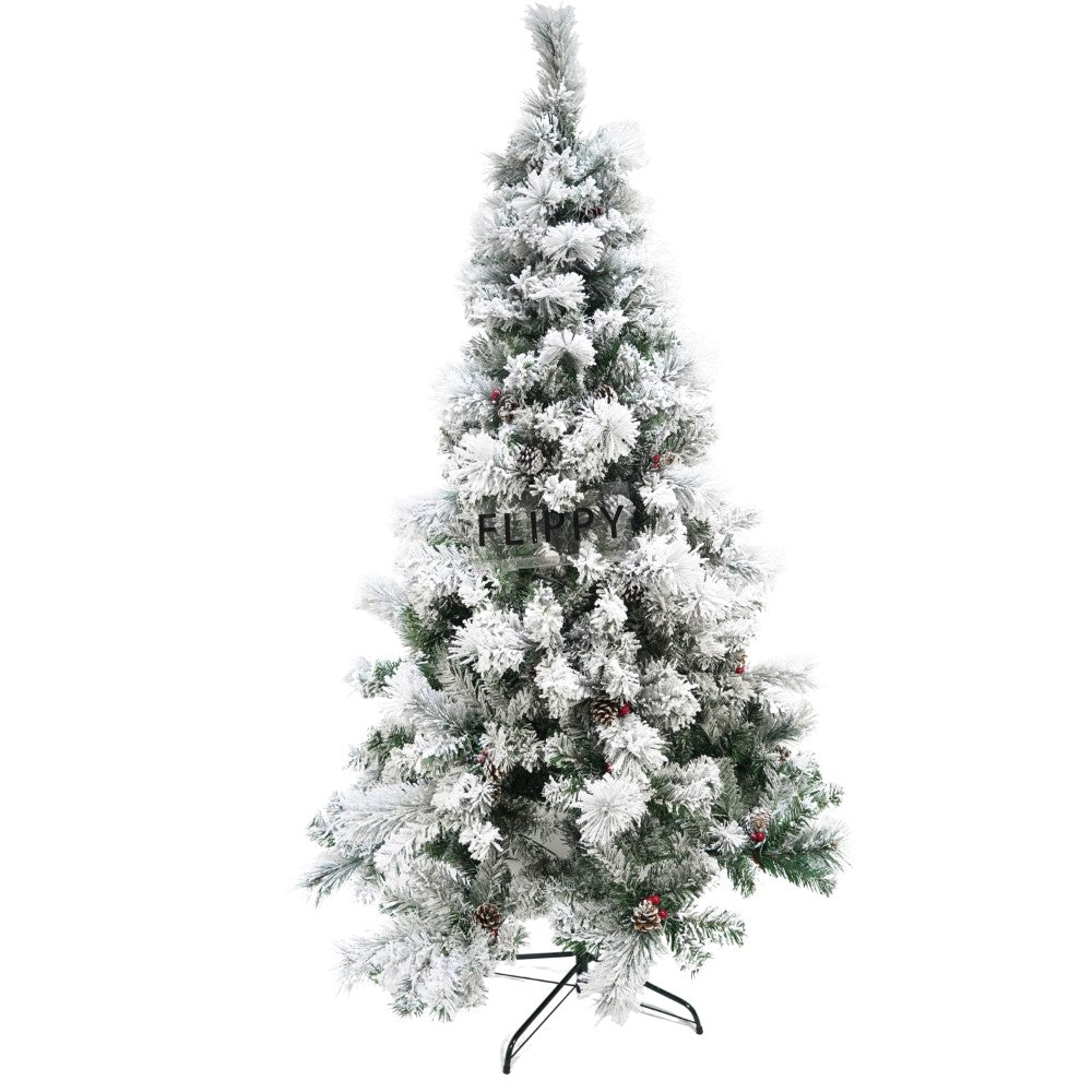 Brad artificial de Craciun nins intens, decorat cu conuri pin, pentru interior/exterior, inaltime 180 cm, diametru 120 cm, 502 ramuri, Kadeny, alb/verde, suport metalic inclus