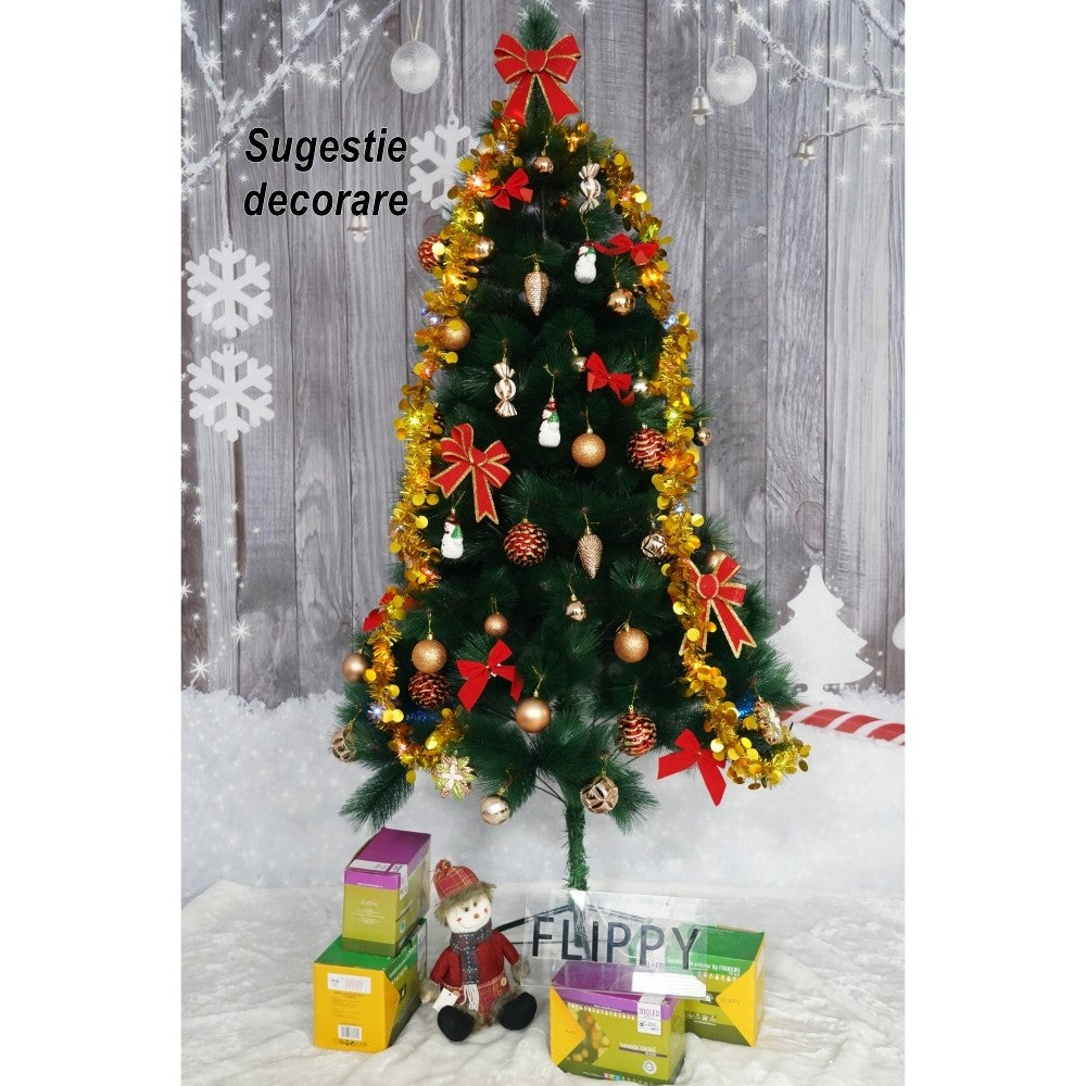 Brad artificial de Craciun tip pin, clasic, pentru interior/exterior, inaltime 120 cm, Kadeny, verde, suport metalic inclus