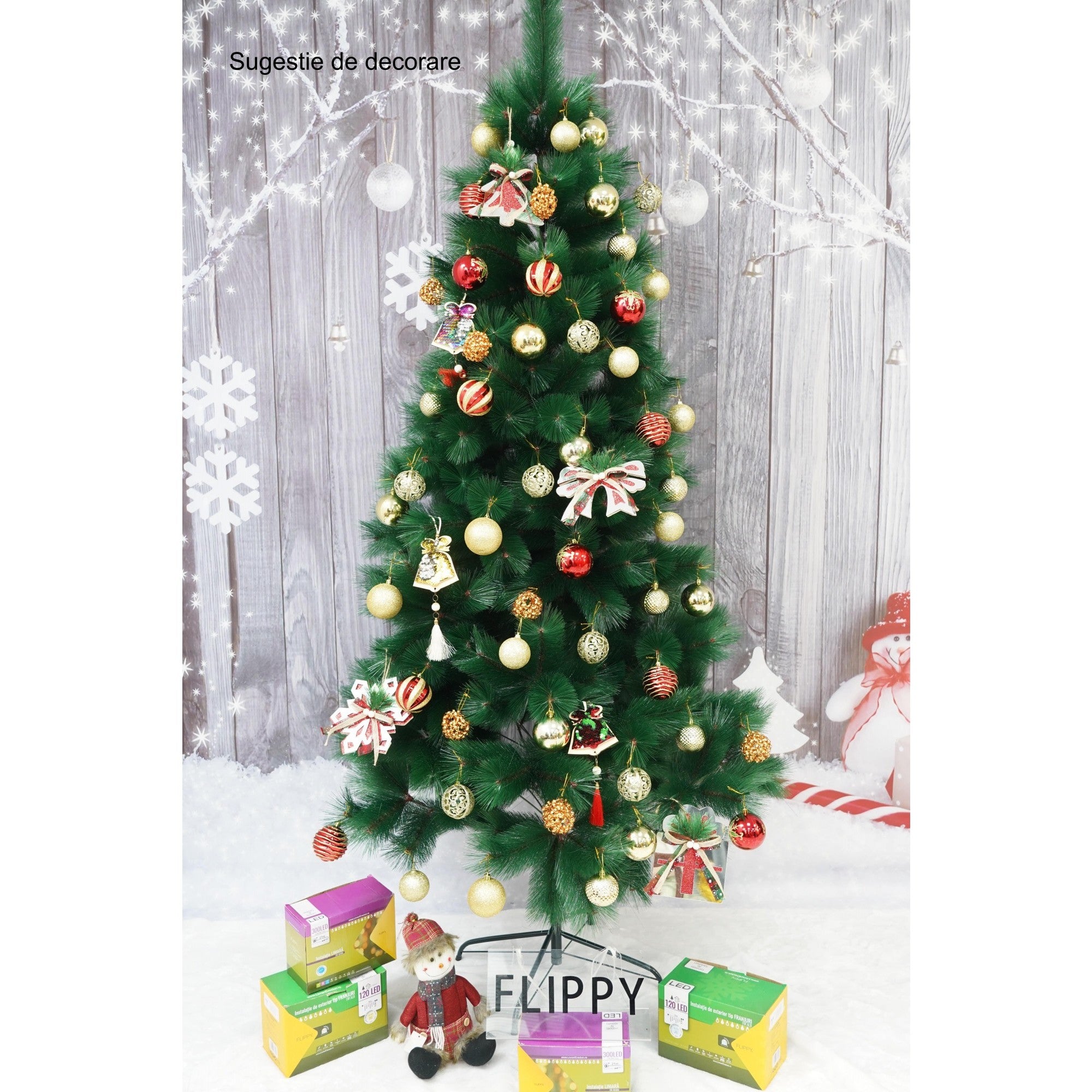 Brad artificial de Craciun tip pin, inaltime 210 cm, diametru 115 cm, 350 ramuri cu ace 3D 12 cm, Kadeny, verde, suport metalic inclus