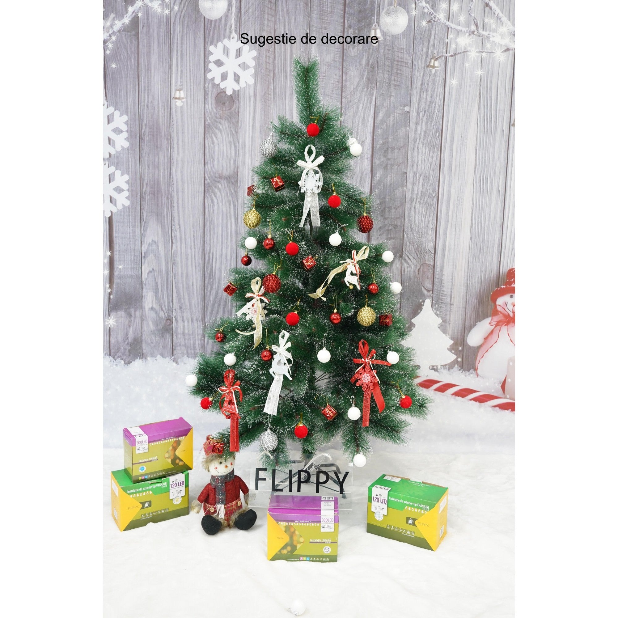 Brad artificial de Craciun tip pin inzapezit, inaltime 150 cm, diametru 85 cm, 160 ramuri cu ace 3D 12 cm, Kadeny, verde cu varfuri ninse, suport metalic inclus