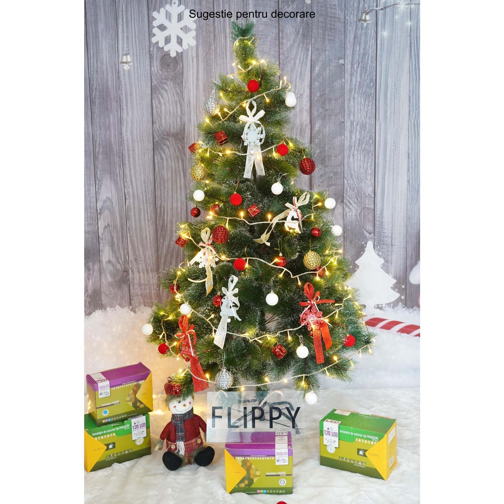 Brad artificial de Craciun tip pin inzapezit, inaltime 150 cm, diametru 85 cm, 160 ramuri cu ace 3D 12 cm, Kadeny, verde cu varfuri ninse, suport metalic inclus